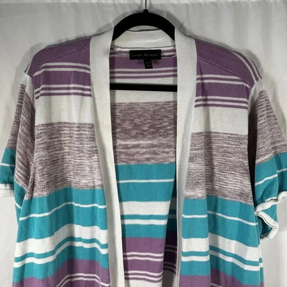 Lane Bryant Cardigan Womens 26 28 White Purple Blue Striped Open Front - Picture 2 of 8